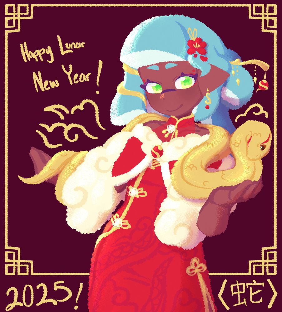 A drawing of my OC, Silica. She is wearing a qipao-styled dress with a fuzzy coat and decorated with snake and cloud-themed embroidery, and has multiple red and gold accessories. She's holding a golden snake in a confident pose, and the background of the image is simple and Chinese styled, reading "Happy Lunar New Year!" "2025!" and "《蛇》“, which is snake in Chinese.