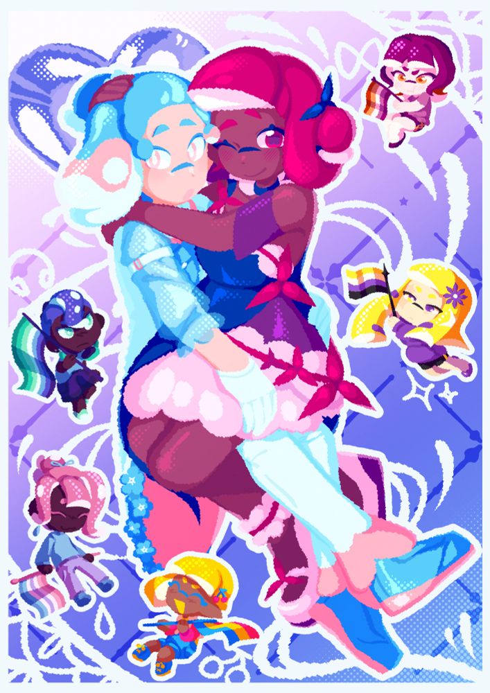 A brightly colored drawing of an assortment of my OCs for the Spectrum Obligato zine. The main focus of the piece are Cobalt and Silica, entwined in the center. Cobalt is holding Silica, and she has her arms around him. Both of them are wearing pride-themed outfits. Surrounding them are Viola, Headphones, Aster, Kari, and Iris in their respective pride palettes. The background is simple and includes a balloon as well as lace-like textures.