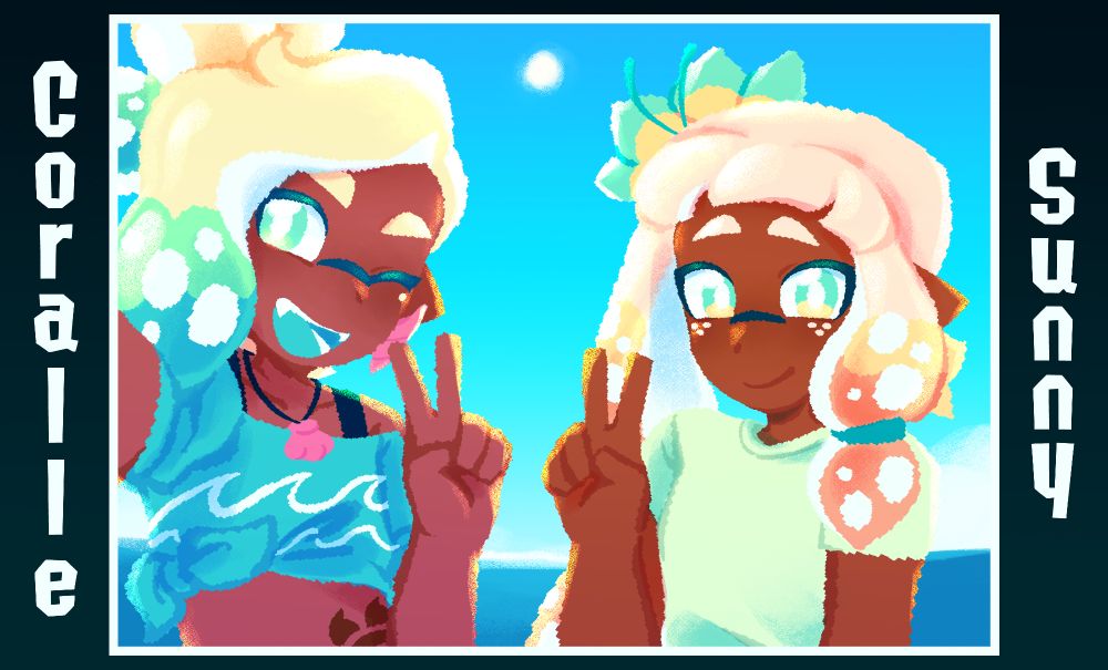MothieSquidz's OCs Coralle and Sunny(Summer) posing for a selfie out by the ocean. Coralle is energetic while Sunny is more reserved, but both are smiling. The edges are bordered with their names written on the left and right sides of the image.