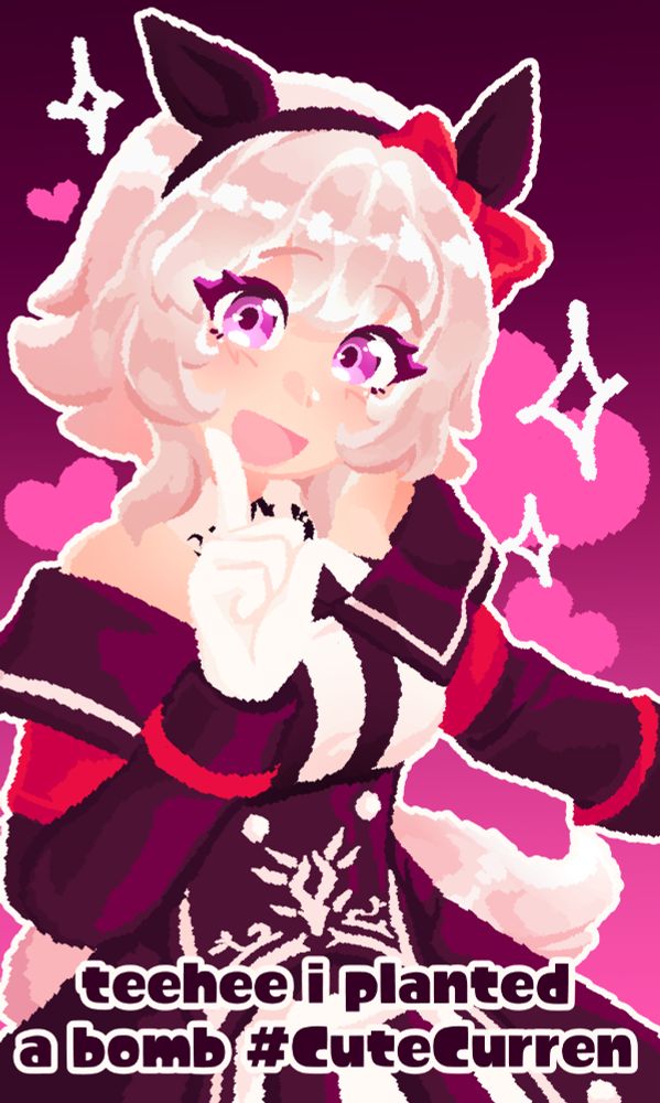 Curren Chan from Umamusume: Pretty Derby in her default winning pose with a pink gradient heart-covered background. She is smiling cutely at the camera, with sparkles around her head. The text reads: "teehee i planted a bomb #CuteCurren".