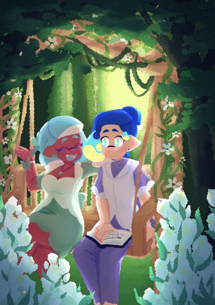 A drawing set in a forest of my OCs Silica and Cobalt. They're sitting on a wooden swing together as Silica chats with Cobalt, and Cobalt is holding an open book in his lap.