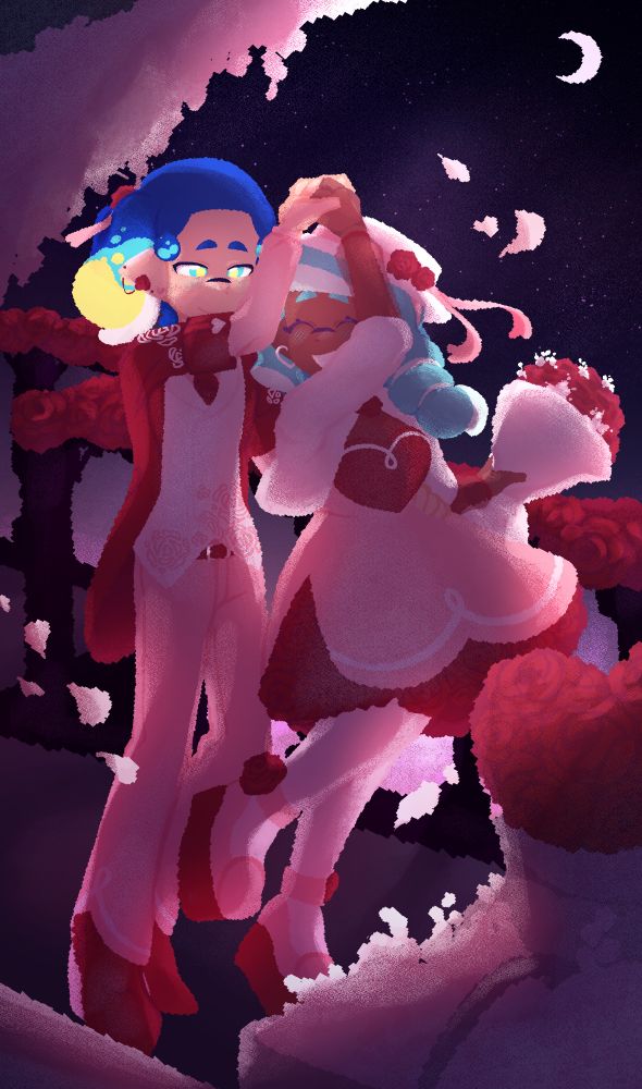 A drawing of my OCs Cobalt and Silica in a nighttime scene set on a balcony. There are roses and flowers decorating the background and foreground, as well as floating petals. The pair is dancing, and both are wearing Valentine's themed outfits in red, white, and pink. Silica is also holding a bouquet of roses and white flowers.