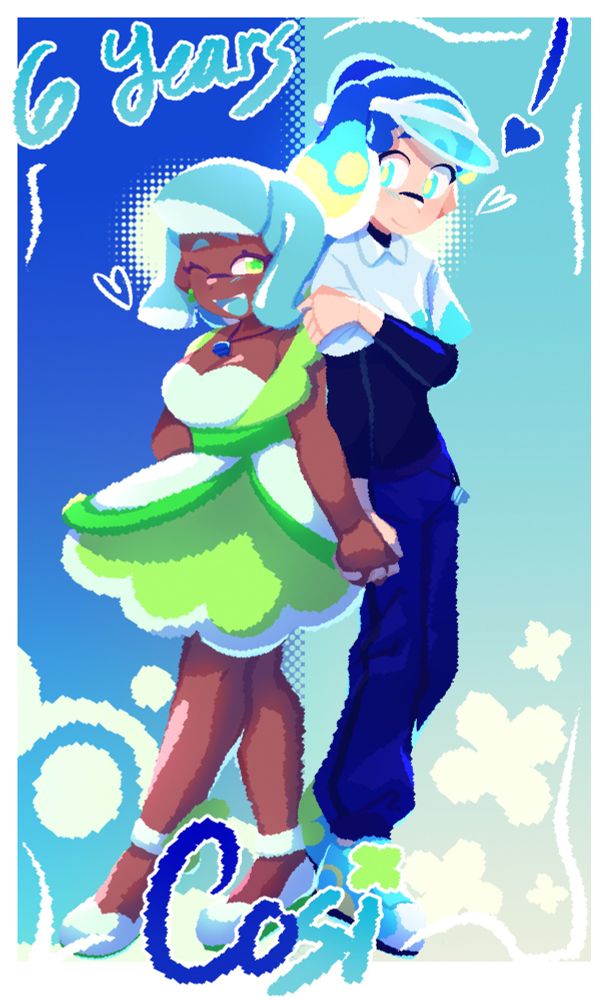 A drawing of my OCs Silica and Cobalt standing side to side while holding hands. Silica has a hand on her hip and is in a more cheerful pose while Cobalt has a hand over his shoulder in a more reserved pose. They are both in their main outfit designs, and the background simple and graphic with corresponding patterns for each other on opposite sides of the piece. The text reads "6 Years!" and "Cosi".