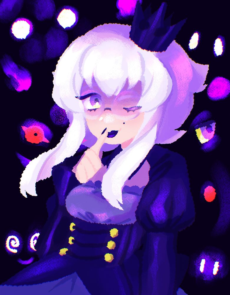 A drawing of Celeste holding up a finger to her mouth as if shushing someone toward the camera with her team of Pokemon's eyes glowing ominously behind her