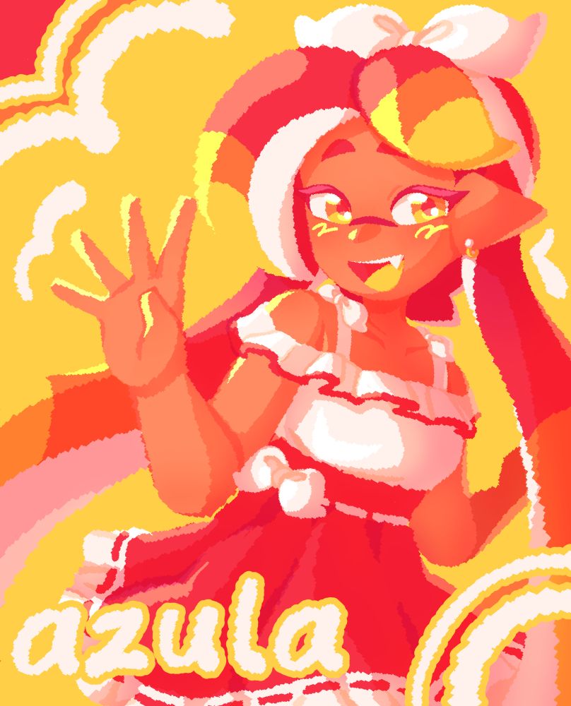 A drawing of DizzyOcto's OC Azula waving at the camera happily, wearing a frilly red and white dress with plenty of ribbons. The background has a simple scalloped pattern, and the text reads "azula".