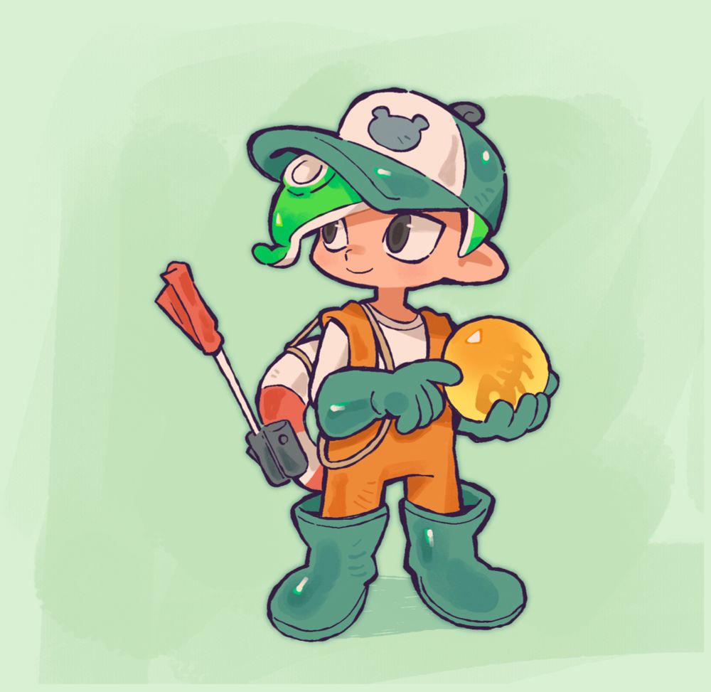My Octoling from Splatoon 3 wearing the orange gloopsuit, holding a golden egg on his left hand and looking slightly to the left.