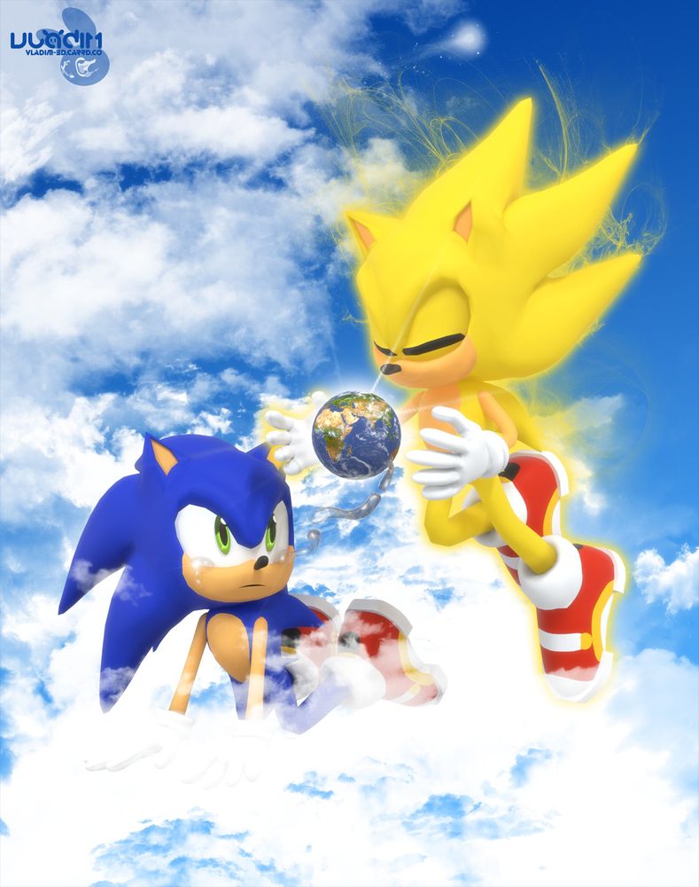 Sonic with tears in his eyes stares at Super Sonic absorbing those tears into the Earth, as both hedgehogs are in the cloudy sky