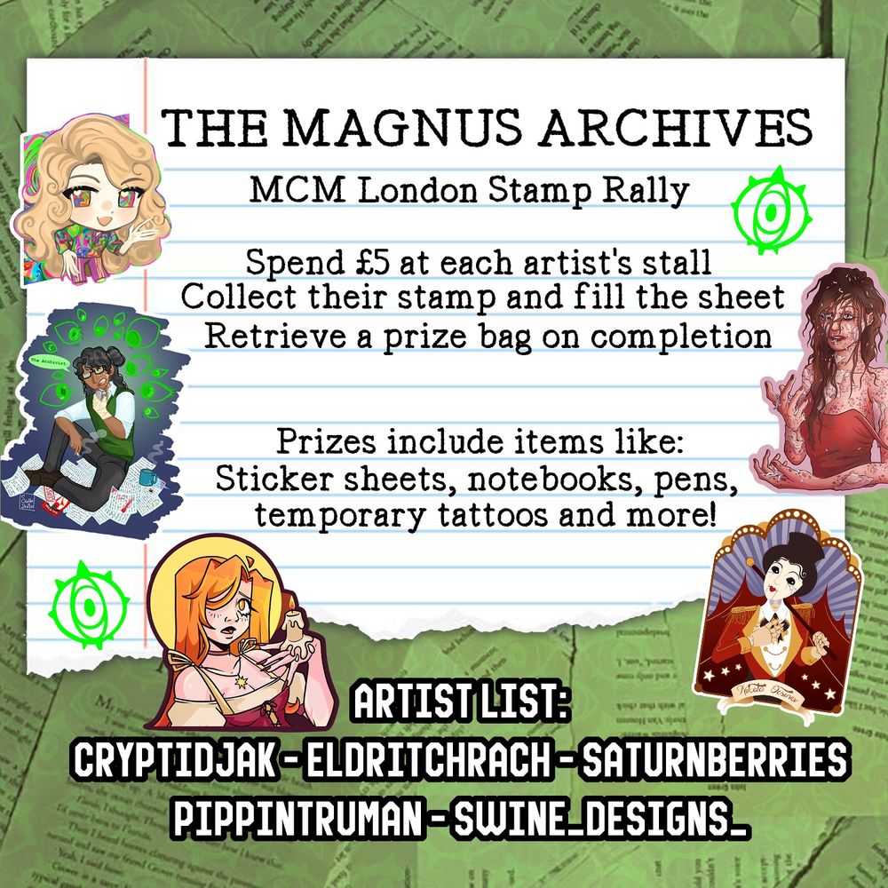 A promotional image to showcase a Magnus Archives themed stamp rally for MCM London showing Michael, Jon, Agnes, Nikola and Jane along with instructions and an artist list.