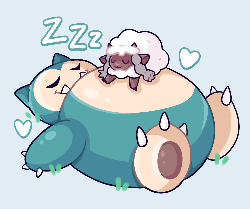A cute digital drawing of a Wooloo and Snorlax from Pokemon napping