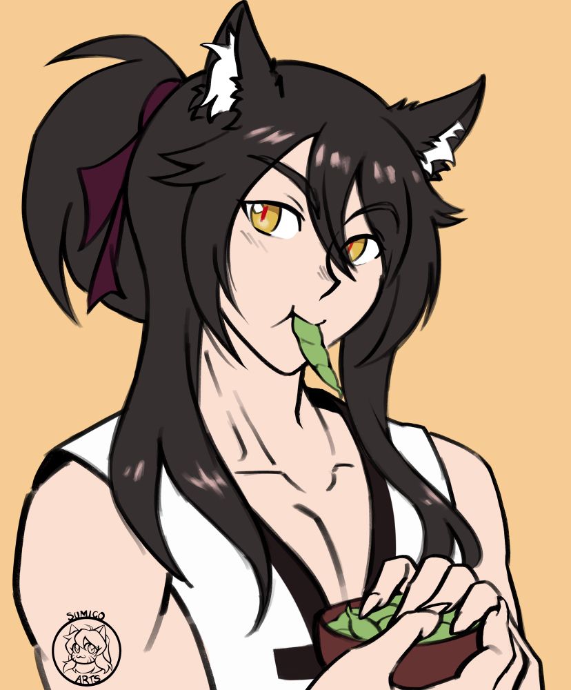 Fang, Krissily’s OC eating edamame out of a small bowl he holds in his hand. One dangles from his mouth. He has long black hair and wolf ears with white insider tuffs. He has yellow irises and red pupils.