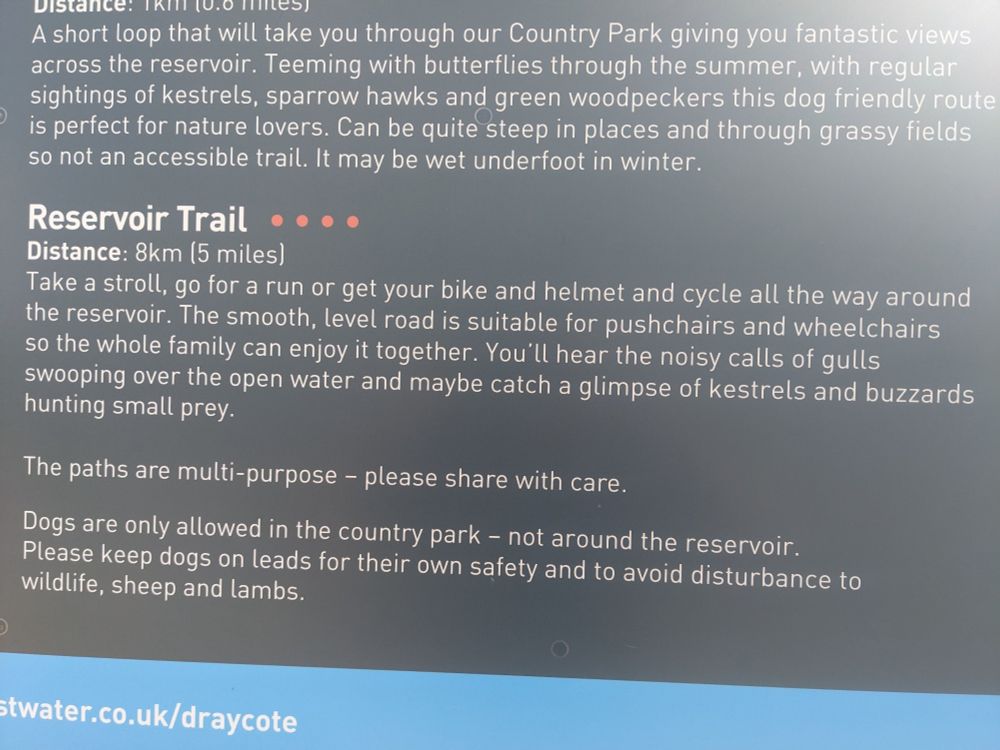 Photograph of a sign at Draycote Water, describing the 5 mile trail around the reservoir.