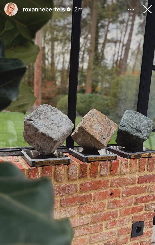 Photo of the three cobble trophies Mathieu van der Poel won at Paris-Roubaix shared on Instagram by his girl Roxanne Bertels