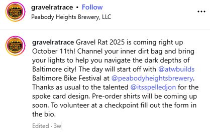 Gravel Rat 2025 is coming right up October 11th! Channel your inner dirt bag and bring your lights to help you navigate the dark depths of Baltimore city! The day will start off with @atwbuilds Baltimore Bike Festival at @peabodyheightsbrewery. Thanks as usual to the talented @itsspelledjon for the spoke card design. Pre-order shirts will be coming up soon. To volunteer at a checkpoint fill out the form in the bio.