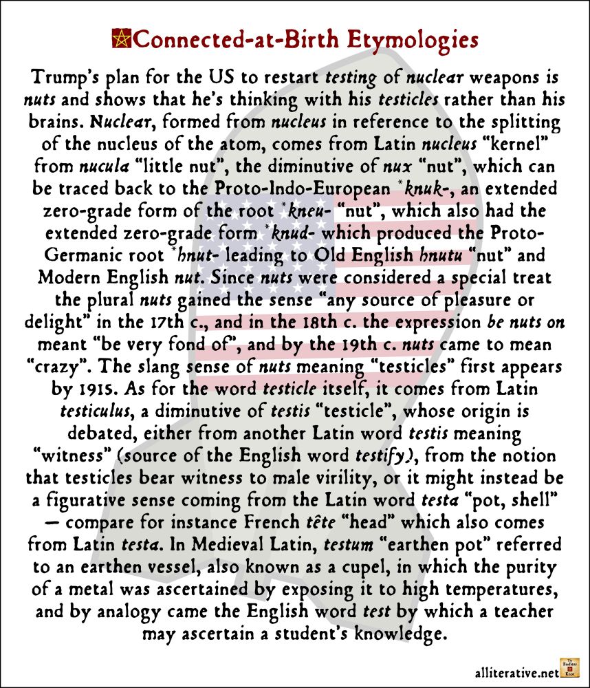 Trump’s plan for the US to restart testing of nuclear weapons is nuts and shows that he’s thinking with his testicles rather than his brains. Nuclear, formed from nucleus in reference to the splitting of the nucleus of the atom, comes from Latin nucleus “kernel” from nucula “little nut”, the diminutive of nux “nut”, which can be traced back to the Proto-Indo-European *knuk-, an extended zero-grade form of the root *kneu- “nut”, which also had the extended zero-grade form *knud- which produced the Proto-Germanic root *hnut- leading to Old English hnutu “nut” and Modern English nut. Since nuts were considered a special treat the plural nuts gained the sense “any source of pleasure or delight” in the 17th c., and in the 18th c. the expression be nuts on meant “be very fond of”, and by the 19th c. nuts came to mean “crazy”. The slang sense of nuts meaning “testicles” first appears by 1915. As for the word testicle itself, it comes from Latin testiculus, a diminutive of testis “testicle”, whose origin is debated, either from another Latin word testis meaning “witness” (source of the English word testify), from the notion that testicles bear witness to male virility, or it might instead be a figurative sense coming from the Latin word testa “pot, shell” — compare for instance French tête “head” which also comes from Latin testa. In Medieval Latin, testum “earthen pot” referred to an earthen vessel, also known as a cupel, in which the purity of a metal was ascertained by exposing it to high temperatures, and by analogy came the English word test by which a teacher may ascertain a student’s knowledge.