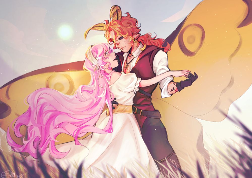 faerie couple dancing on a grassy field with moth wings embracing them