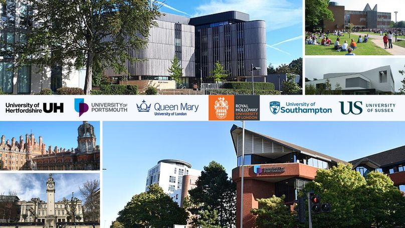 A photo gallery showing images of SEPnet partner university campuses. Including University of Hertfordshire, University of Portsmouth, Queen Mary University of London, Royal Holloway, University of Southampton and University of Sussex