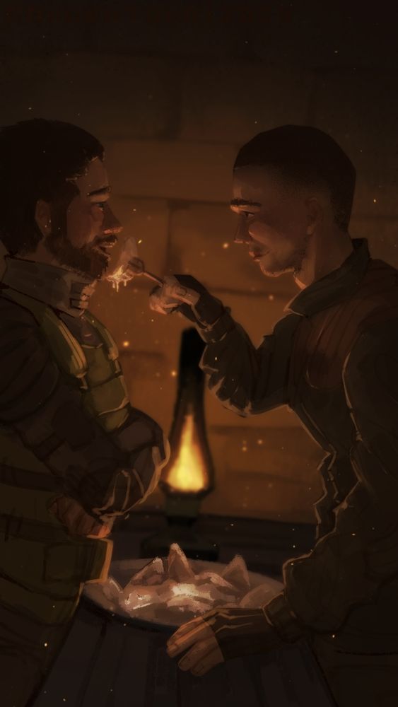 Character from stalker2 eat food together with warm lamp light. Strider feeds Dubny from a fork with dumplings.