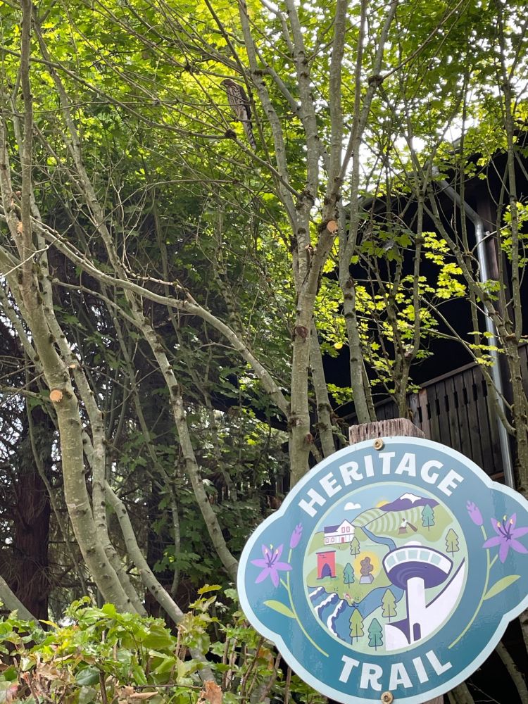 A hawk in a tree in the background with a sign that reads Heritage Trail in the foreground.