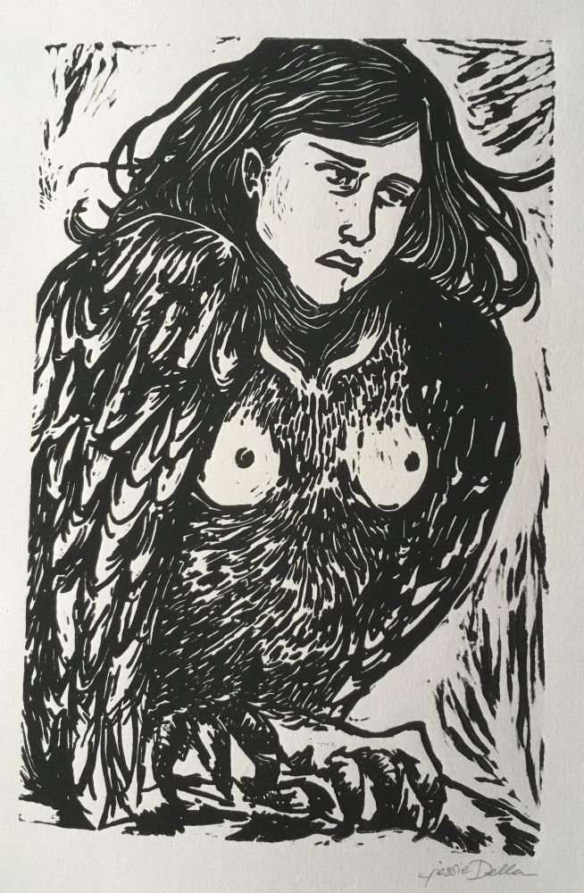 Lino print of a board slightly disgusted harpy 