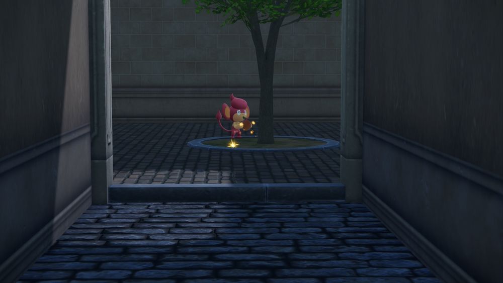 A pansear eating a berry in the same place as pikachu