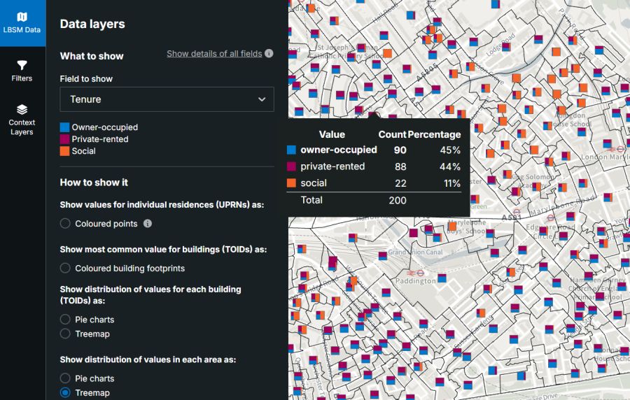 A screenshot from the London Building Stock Model. The screenshow shots a map of properties across London split by tenure type. 