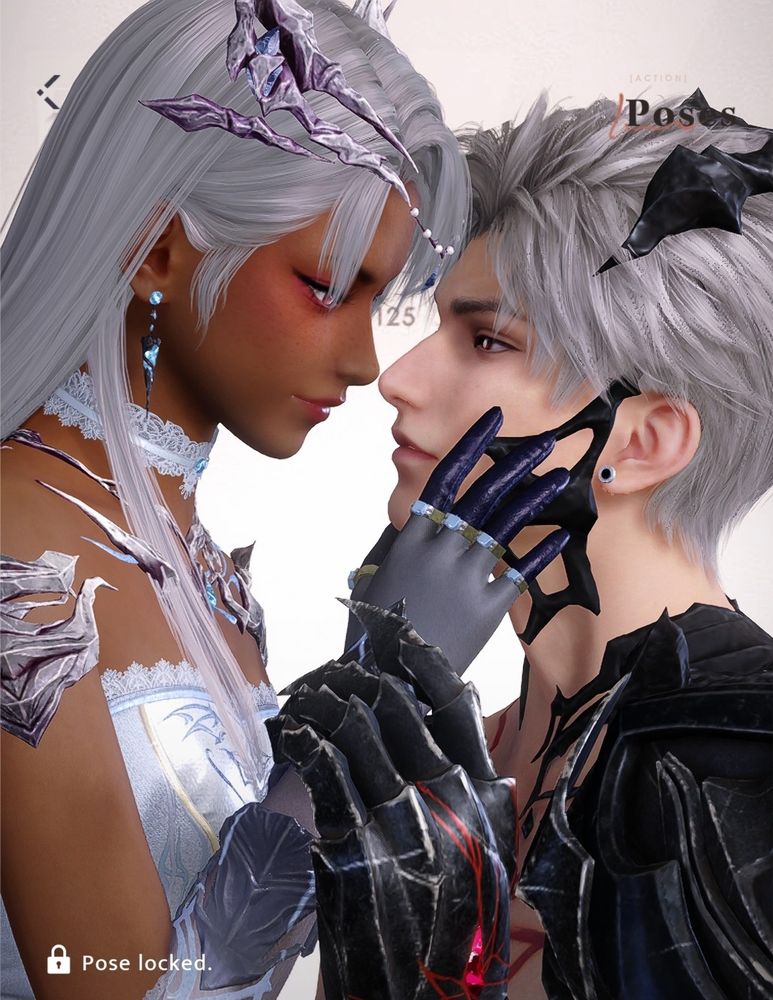 sylus love and deepspace in dragon costume face held by brown mc loveanddeepspace in the white dragon costume. the icon in the lower left says "🔒 pose locked"