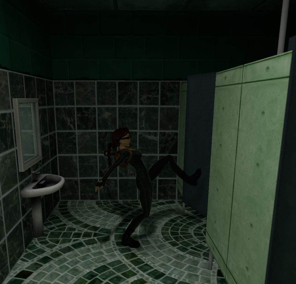 Lara kicking down the door of a toilet
