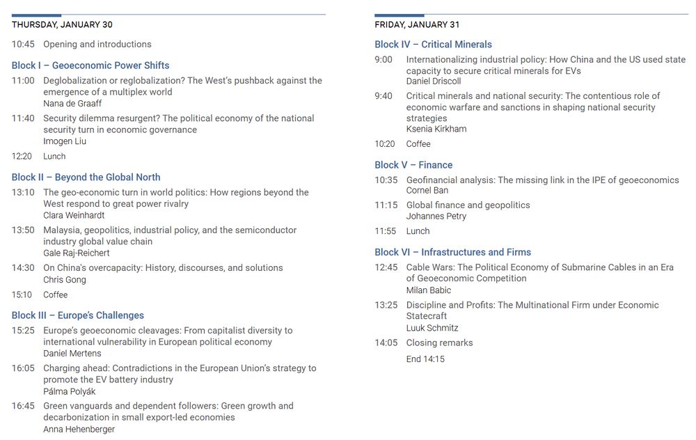 A detailed schedule of the Geoeconomic Turn in IPE workshop. Block I – Geo-economic Power Shifts. Block II – Beyond the Global North. Block III – Europe’s Challenges. Block IV – Critical Minerals. Block V – Finance. Block VI – Infrastructures and Firms.