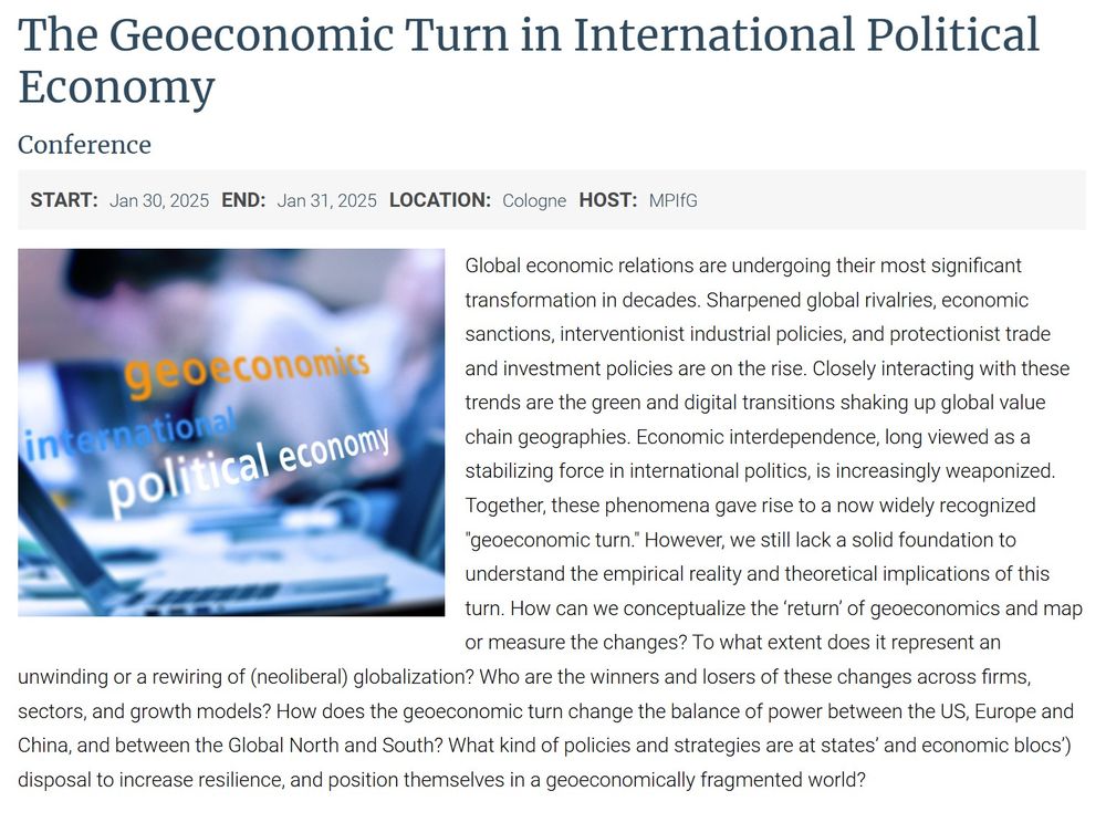 Screenshot of the MPIfG Geoeconomic Turn in IPE conference. The text describes the rise of geoeconomics, including rivalries, industrial policies, and green/digital transitions, with questions about globalization and strategies for resilience.