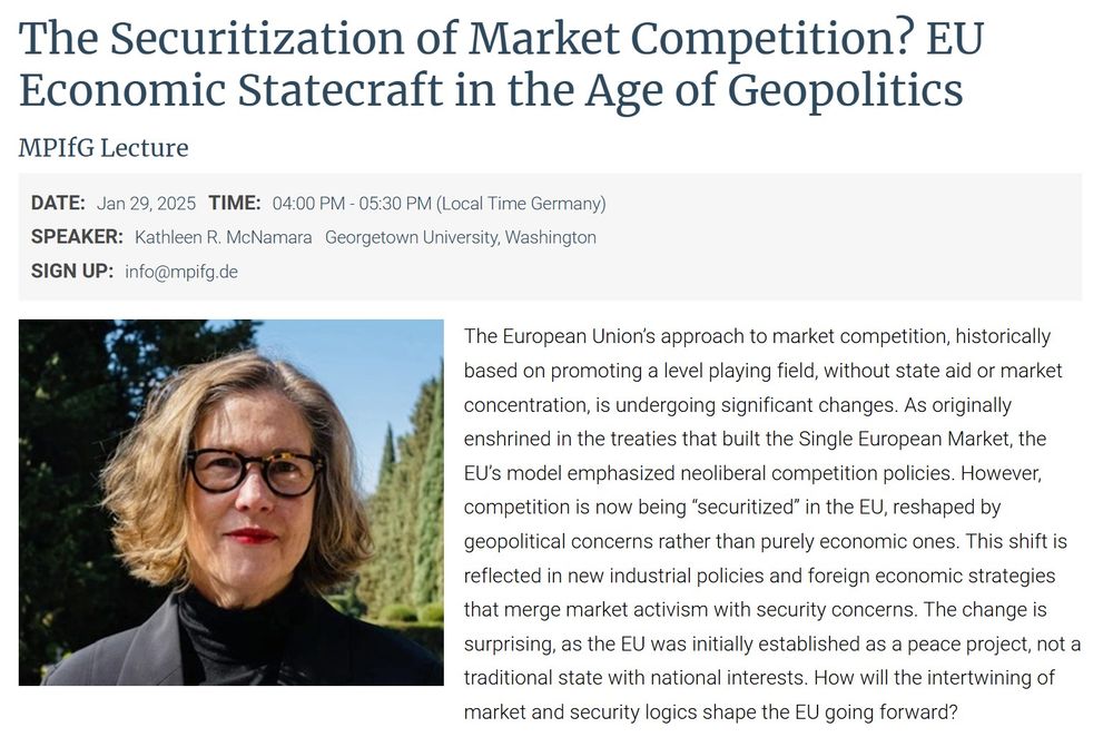 Screenshot of MPI Lecture featuring Kathleen R. McNamara from Georgetown University. The title reads: “The Securitization of Market Competition? EU Economic Statecraft in the Age of Geopolitics.” The text explains the EU’s evolving competition policies. A photo of Kathleen McNamara is on the left.