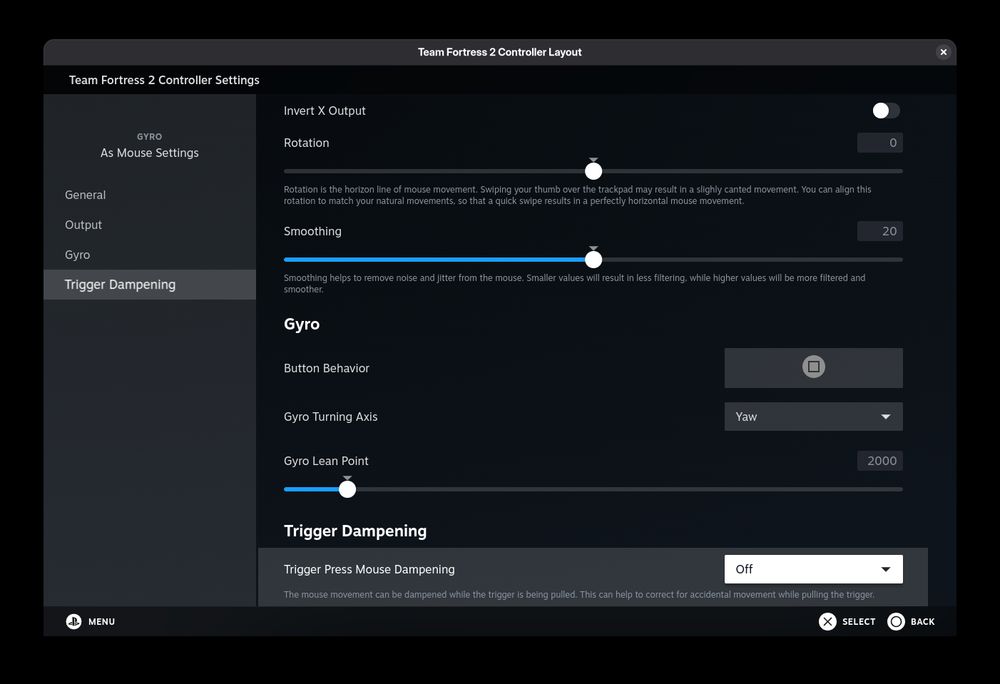 Steam controller layout pop-up. Under Gyro - As Mouse Settings - Trigger Press Mouse Dampening.