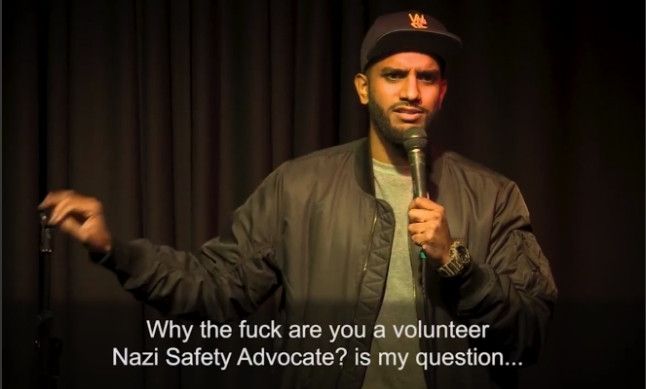 Capture d'écran de la vidéo d'Aamar Rahman "punch a nazi". "Why the fuck are you a Nazi Safety Advocate ? is my question..."