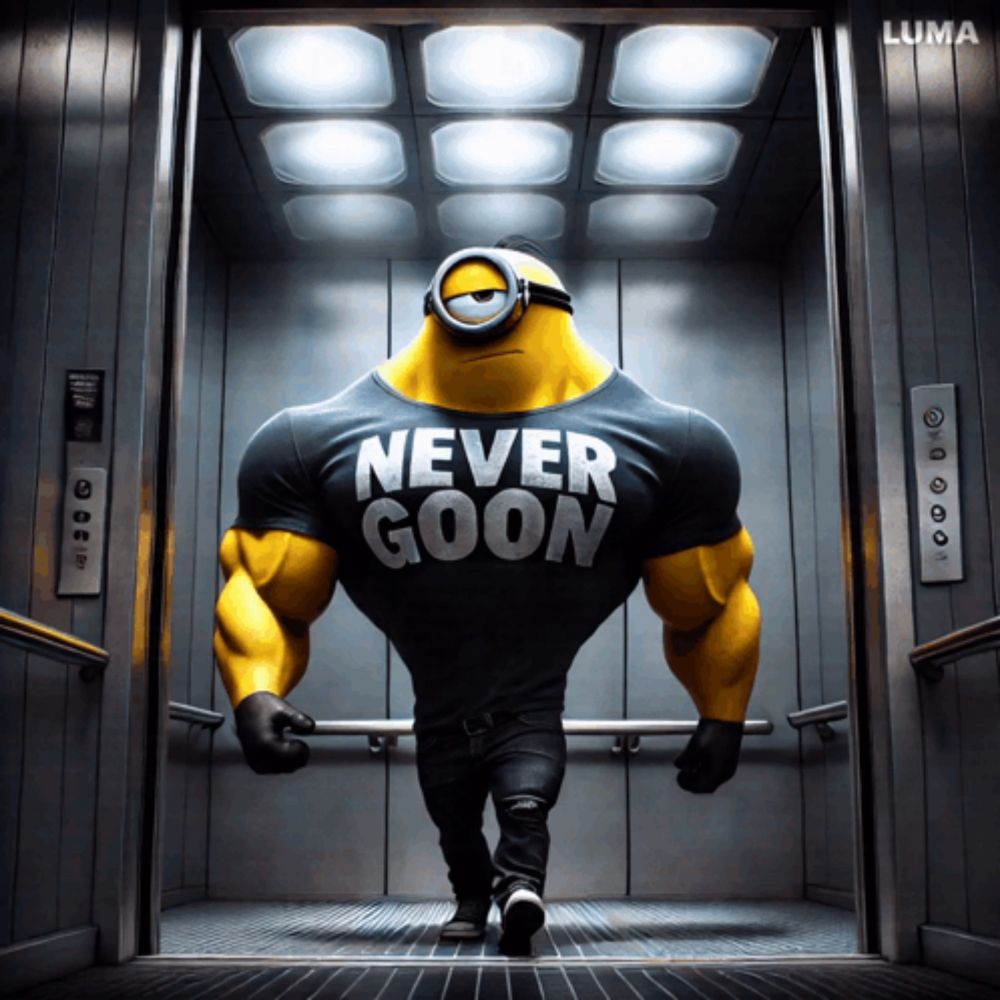 a minion wearing a shirt that says never goon is walking out of an elevator