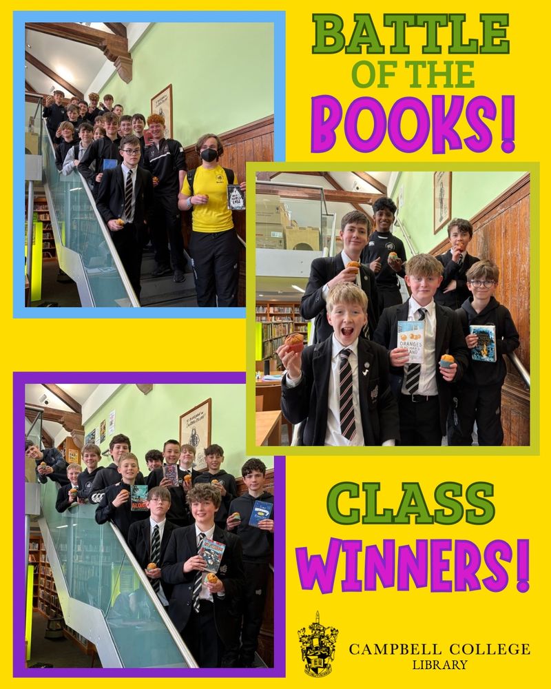 Three photographs on a bright yellow background. The montage is titles, ‘Battle of the books: Class winners!’
The photographs show three groups of pupils standing on a staircase, holding muffins and books.