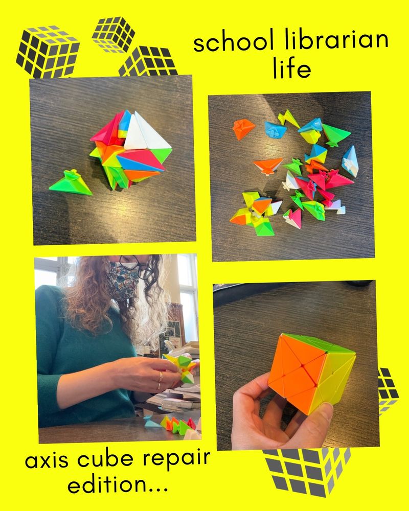 A montage of photographs showing an axis cube being repaired on a yellow background. The top left photograph shows the cube with one piece dislodged. The top right photograph shows the cube disassembled. The bottom left photograph shows a woman wearing a green jumper and a facemask reassembling the cube. The bottom right photograph shows a successfully reassembled cube. 

Not shown, the number of times the pieces skidded out all over the desk as another was being put in…