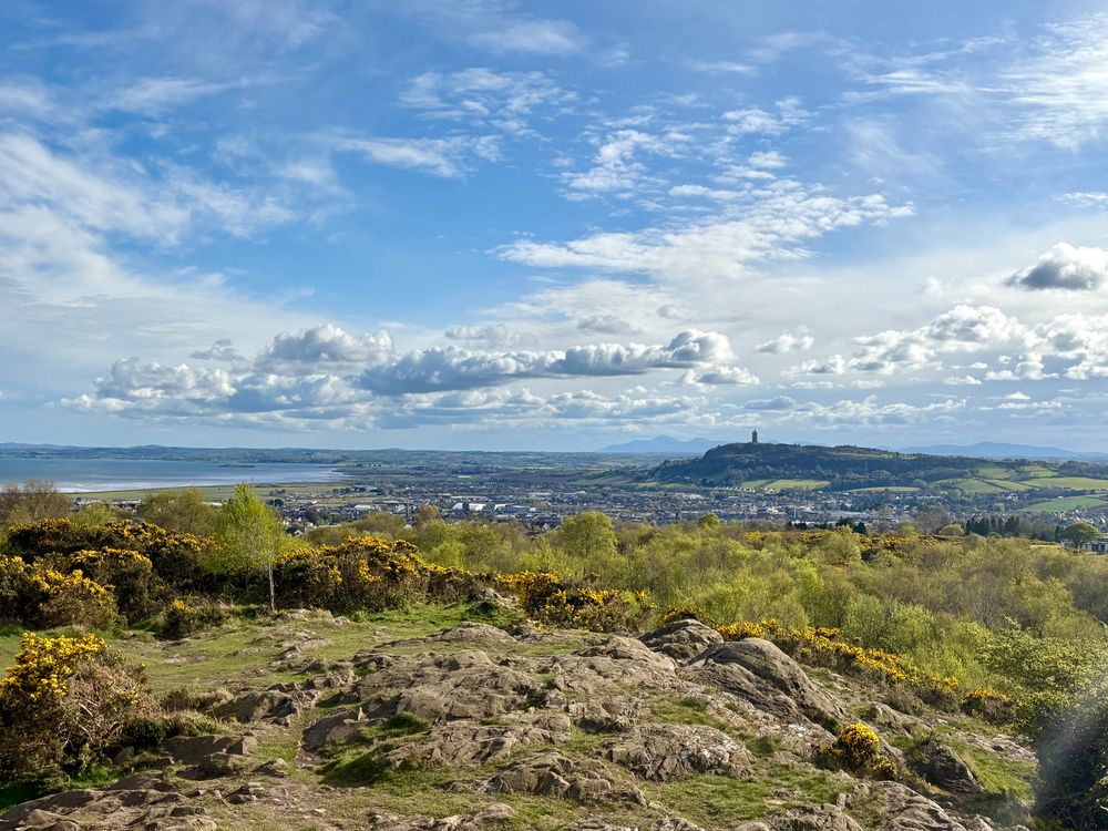 A landscape photograph. The image is taken from the top of a hill, looking over the surrounding countryside. The foreground is dotted with large rocks, grass, gorse in flower, and small shrubs. The eye is led to a tower in the distance, which is situated on a rocky outcrop above a town which is situated at the edge of a lough shore. In the far distance, the outlines of the Mourne Mountains are silhouetted against the horizon. The sky is blue, and the white clouds shine in the sunlight.