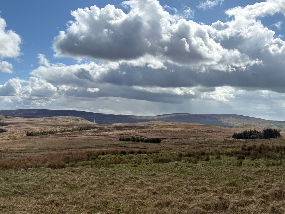 A landscape photograph. The foreground is made up of undulating farmland covered in long grass and gorse, broken up in places by small copses of conifers. A lone windmill is just visible in the far distance before the hills in the background rise to gently roll along the horizon, illuminated in part by sunshine breaking through the large fluffy while clouds in the blue sky overhead.