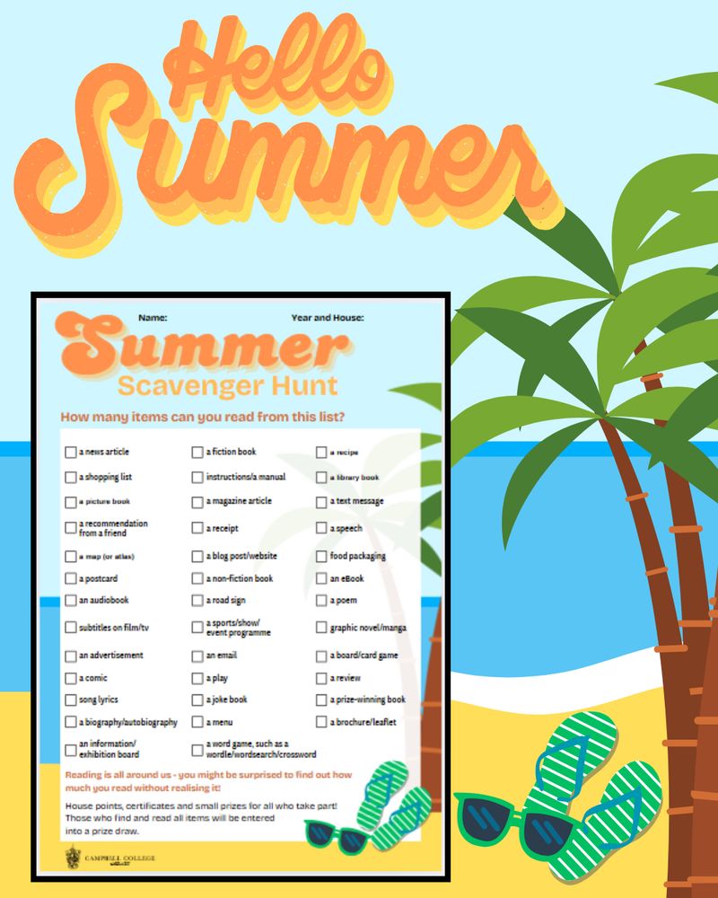 The image of a reading- based scavenger hunt is displayed on a background that depicts a tropical beach, complete with golden sands and palm trees.
