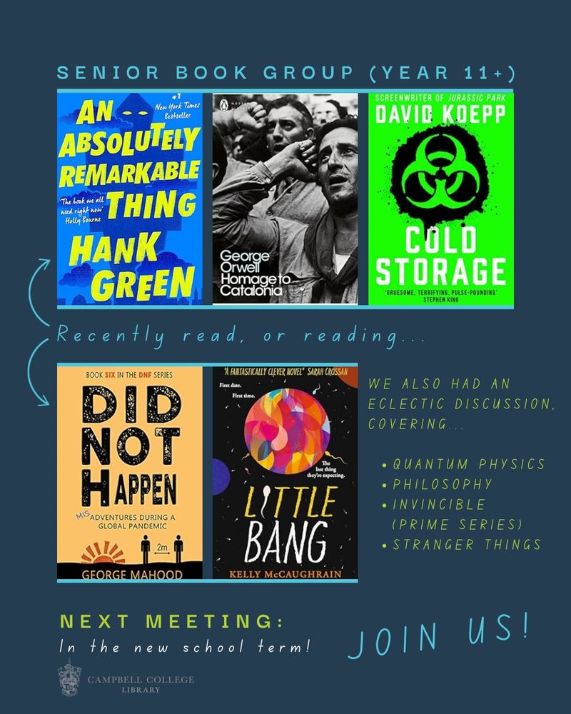 Five book covers displayed on a dark blue background, which are being, or have been recently, read:
An absolutely remarkable thing by Hank Green
Homage to Catalonia by George Orwell
Cold Storage by David Koepp 
Did Not Happen: Misadventures During a Global Pandemic by George Mahood
Little Bang by Kelly McCaughrain

There is also text on the image, which reads, ‘we also had an eclectic discussion, covering: quantum physics, philosophy, Invincible (Prime series), Stranger Things.’