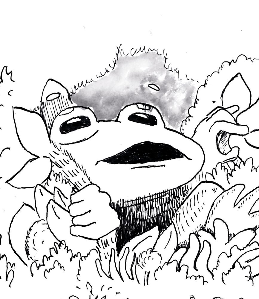Black and white comic art of an anthropomorphic frog peering through some trees.  He looks surprised and amazed by what he is seeing.  Art by Will Hudson for BOXES Comic Magazine.