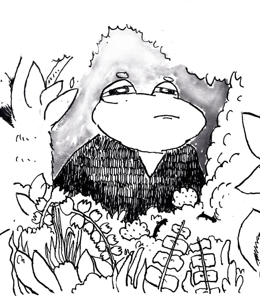 Black and white comic art of an anthropomorphic frog peering through the trees.  Art by Will Hudson for BOXES Comic Magazine.