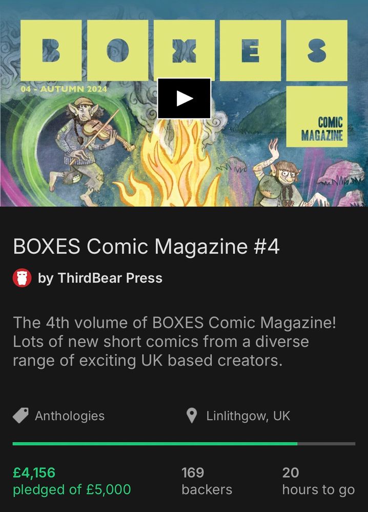 A screenshot of the BOXES Vol. 4 Kickstarter page showing 20 hours remaining with £4156 of £5000 raised. 