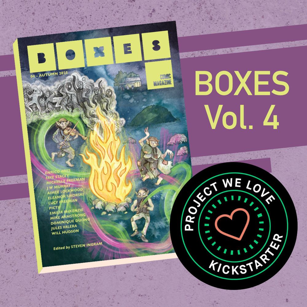 A mocked up copy of BOXES Comic Magazine Vol. 4 with a Kickstarter Project We Love logo on a purple background. 