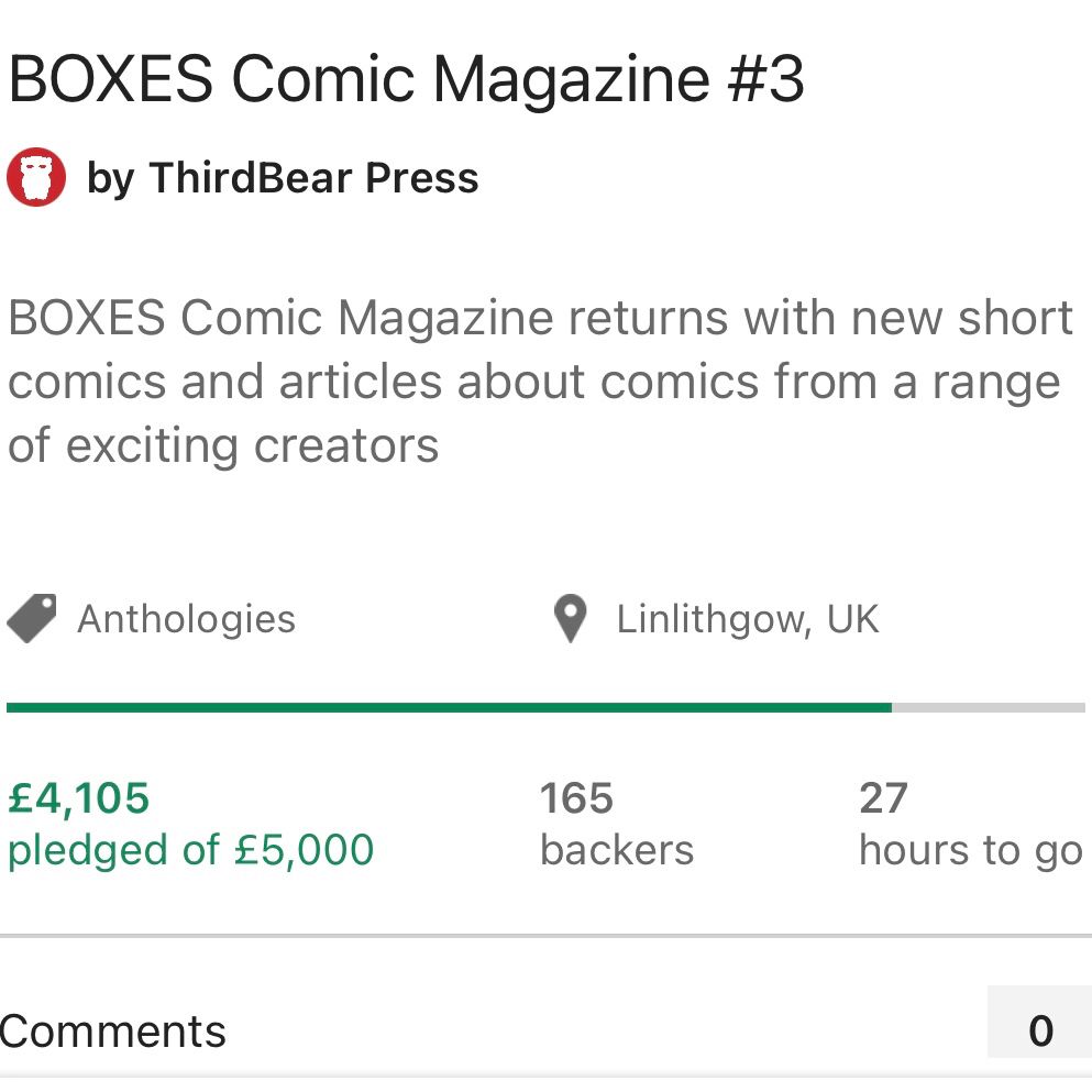 The current funding numbers for boxes volume 3. They read £4105 of £5000. 165 backers. 27 hours to go. 