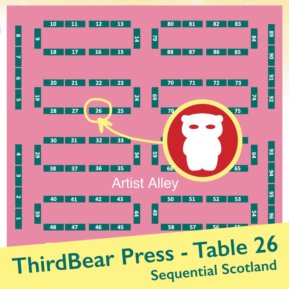Table map of Sequential Scotland Comic Con. The ThirdBear Press logo is pointing at table 26