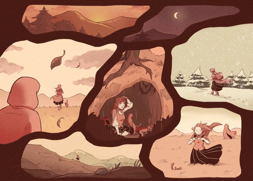 Sepia coloured comic art of a woman hiking through the wilds.  Art by Pictii for BOXES Comic Magazine Vol. 4