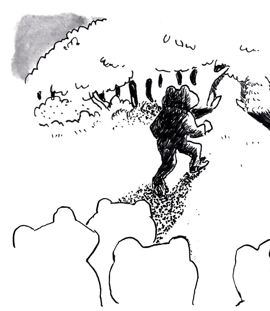 Black and white comic art of an anthropomorphic frog walking into the forest.  Art by Will Hudson for BOXES Comic Magazine.