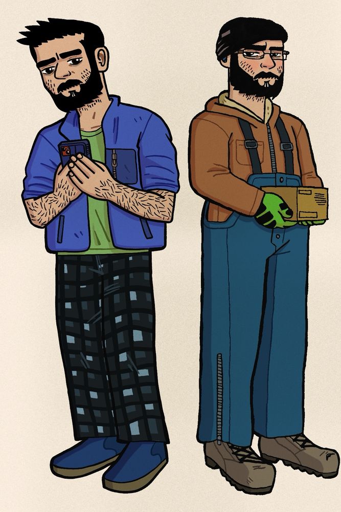 Portrait of me. On the left is me in pajamas and a soft little coat, while I’m looking on my phone. On the right, I’m at work, wearing my jacket and overalls, carrying a box. I’ve been in a cold area based on my rosy cheeks, and my EarPod is showing under my beanie.