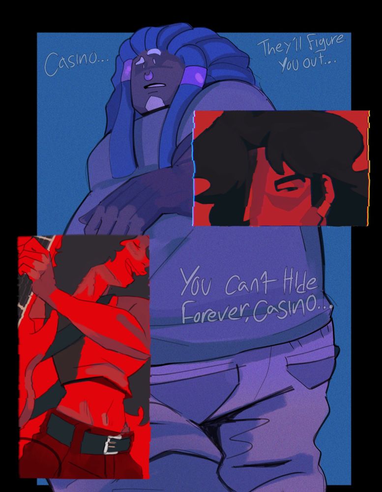 Casino (oc) standing in the middle of a dark room where a voice taunts him suggesting  his inevitable confrontation with his past whilst images of two of his friends in red images glitch around him reminding him of the people he met with his fake persona and potentially never see again if caught… again. 