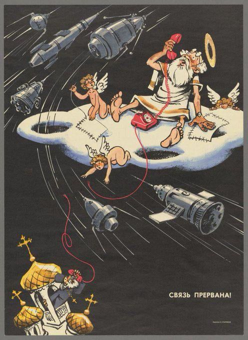 Eine farbige Zeichnung, die Gott auf einer löcherigen Wolke mit einem Telefon zeigt, das Kabel führt hinunter auf die Erde zu einer Kirche im orthodoxen Stil. -futuristische Raumschiffe und Raketen schwirren durch den Raum und zertrennen dabei das Kabel zwischen Gott und der Kirche. 